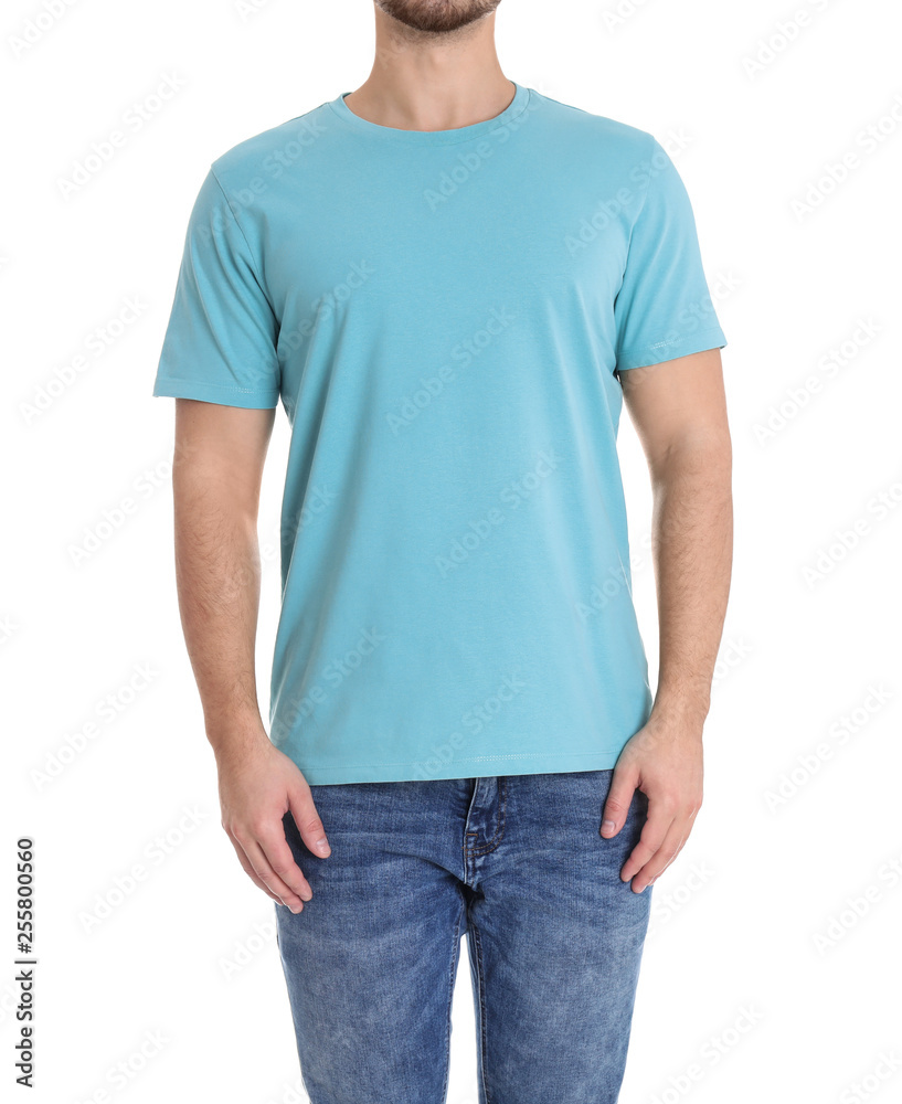 Young man on white background, closeup. Weight loss Young man on white background, closeup. Weight loss