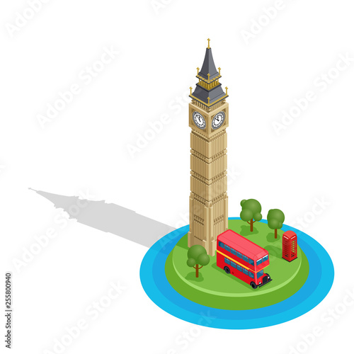 London. Set of detailed isometric vector. Big Ben, double decker bus and red kiosk. Famous landmarks.