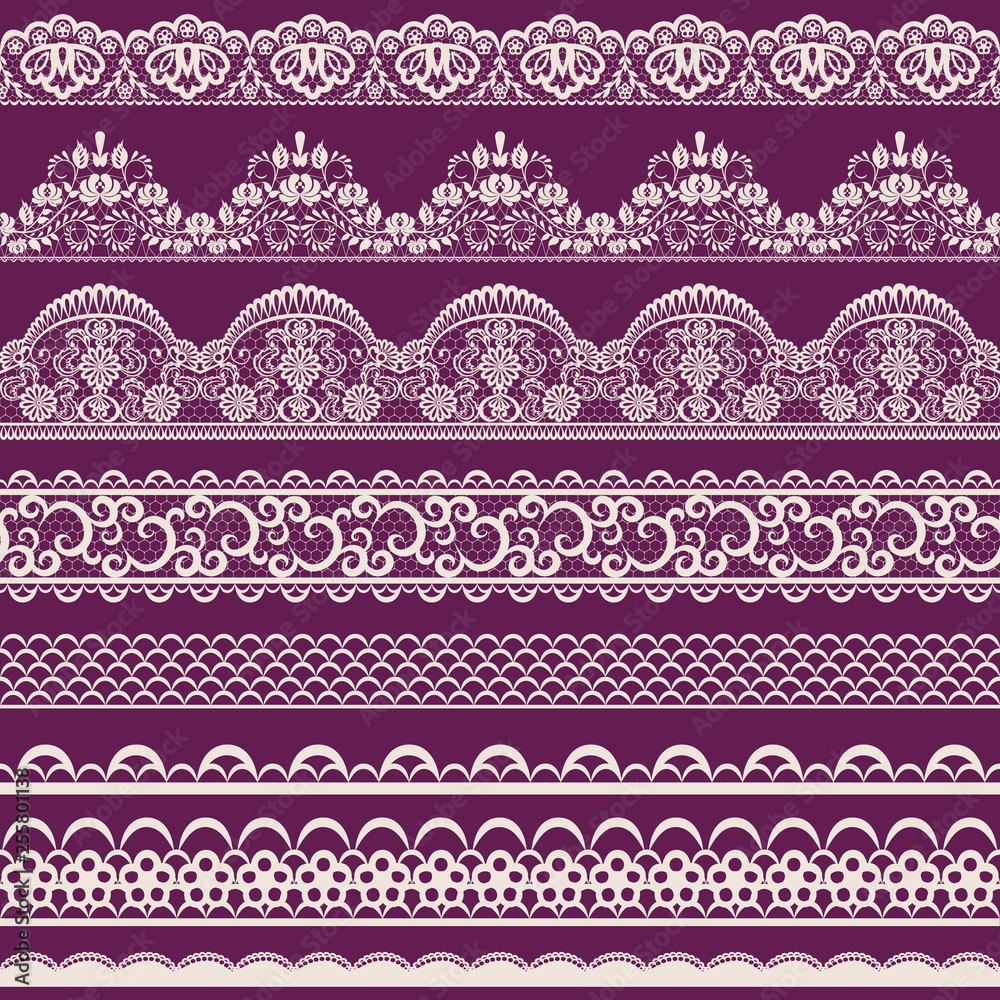 Horizontally seamless red lace background with ribbons