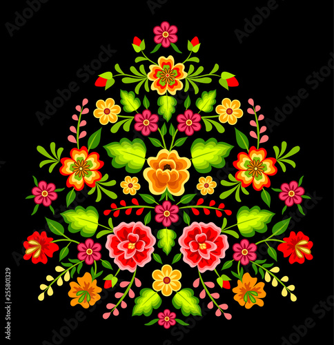 Mexican colorful bright floral ornament on black background