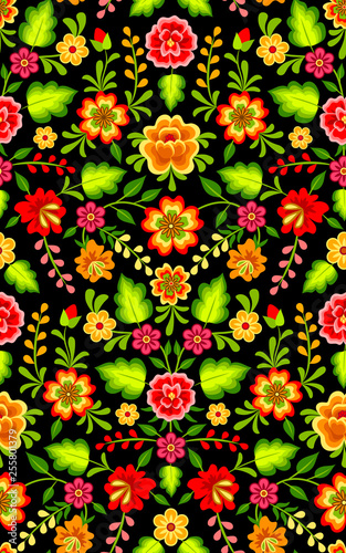 Mexican colorful bright floral ornament on black background