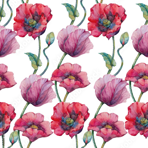 Poppies Seamless Pattern. Watercolor wild red poppies. Surface design for interior decoration  printed issues  invitation cards.