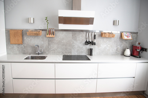 perfect white kitchen with a gray interior