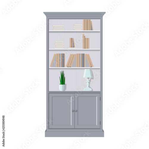 Bookcase with Books. Flat Vector Isolated Illustration. Cabinet, Office or Bookstore Furniture Vintage Decoration. Textbook Publishing House. Classic Education Literature for Knowledge.