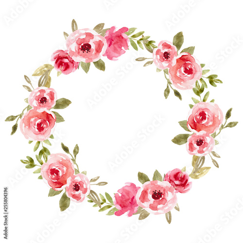Watercolor floral wreath with pink flowers. Rose frame, hand painted illustration.