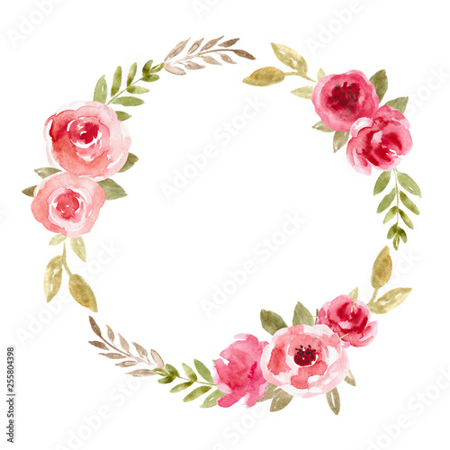 Watercolor floral wreath with pink flowers. Rose frame  hand painted illustration.