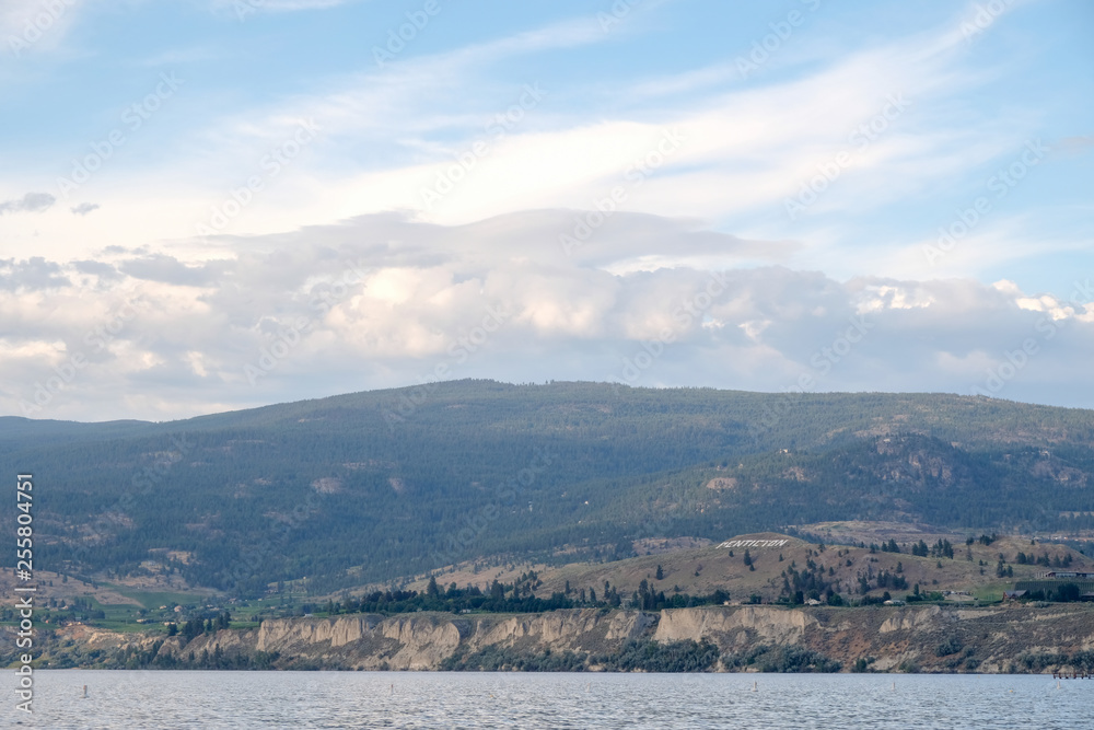 Penticton Sign on Mount Munson overlooking Okanagan Lake at Penticton, British Columbia during Peachfest