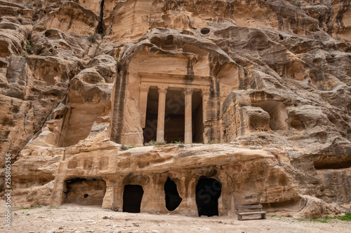 Stone carved temples in Little Petra in Jordan