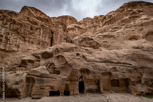 Stone carved temples in Little Petra in Jordan