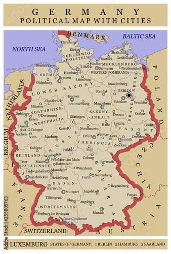 Germany political map orange with cities in English