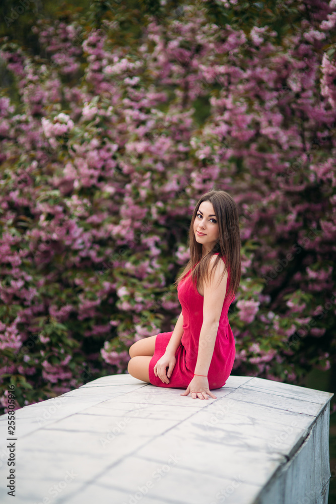 Young girl sitting in front of sakura tree. Spring outside. Pink Blossom tree