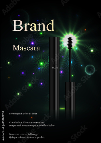 Cosmetic ads poster template, blue cosmetic set and spotlight on outer space background