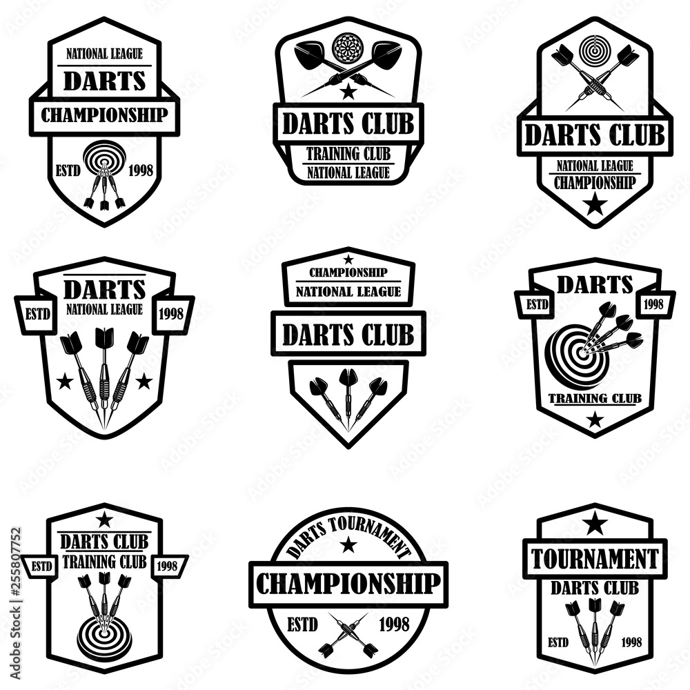 Set of darts club label templates. Design element for logo, label, sign, poster, t shirt. Set of darts club label templates. Design element for logo, label, sign, poster, t shirt.