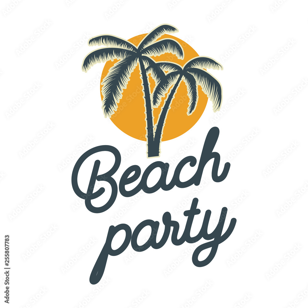 Beach party. emblem with palms. Design element for logo, label, sign, poster, t shirt.