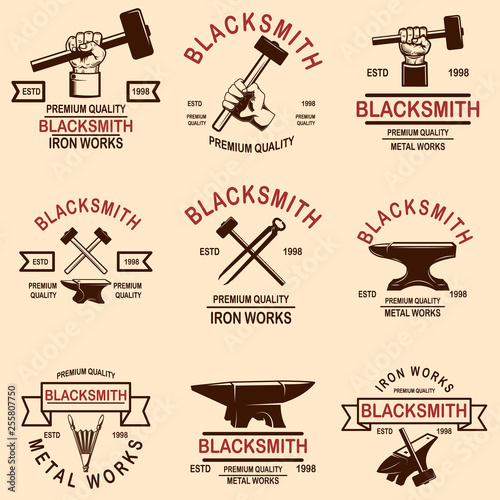 Set of blacksmith and iron works emblems. Design element for logo, label, sign, poster, t shirt.