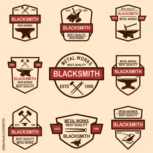 Set of blacksmith and iron works emblems. Design element for logo, label, sign, poster, t shirt.