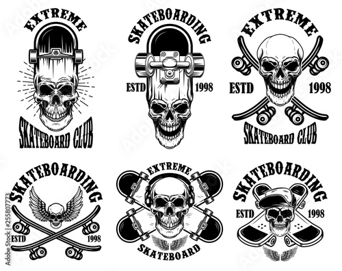 Set of skateboarding club emblems with skulls. Design element for poster, logo, sign, label, t shirt.