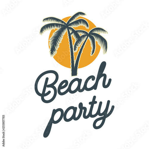 Beach party. emblem with palms. Design element for logo, label, sign, poster, t shirt.