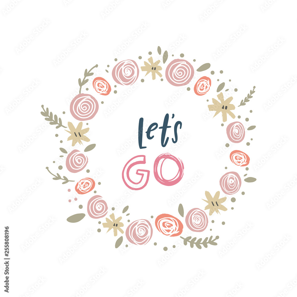 Vector floral frame with lettering, girl power theme, isolated objects. Hand drawn bohemian flowers