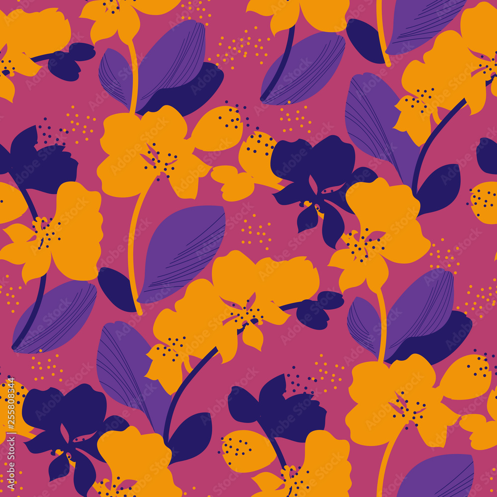 Foto auf Acrylglas mit Nahtloses Orchideenmuster in den hellen Retrofarben der 60er Jahre #255808344