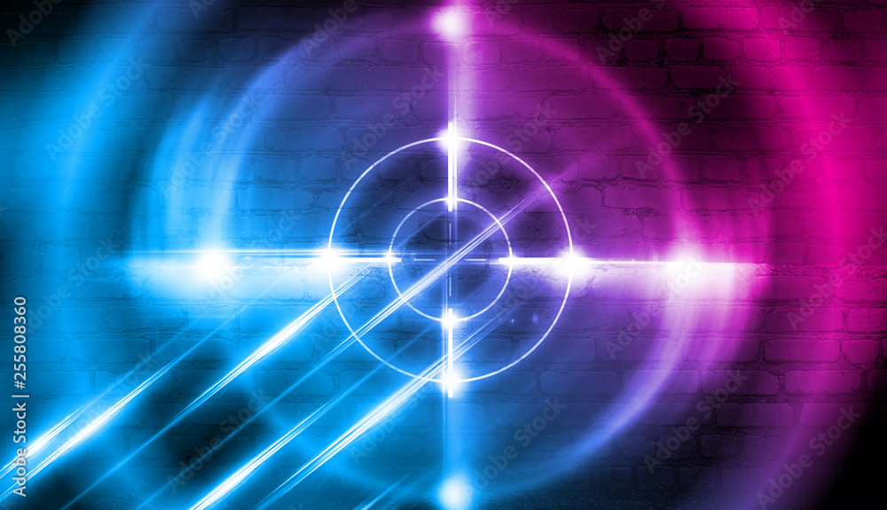 Fototapeta premium Neon target on a brick wall background with laser lights and rays of light, futuristic abstract background.