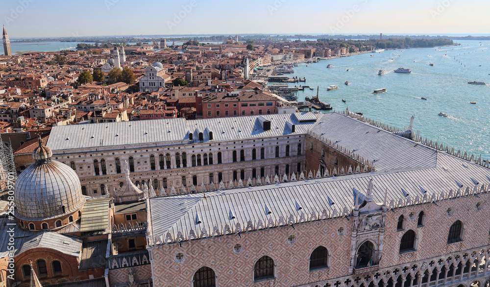 View Doges Palace roof and lagoon of Venice, Italy