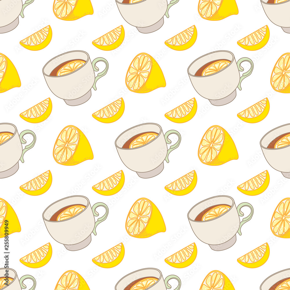 Vector seamless pattern with teapots, cups of tea, lemons on a white background. Endless texture for wallpaper, web page background, wrapping paper. Vector seamless pattern with teapots, cups of tea, lemons on a white background. Endless texture for wallpaper, web page background, wrapping paper.