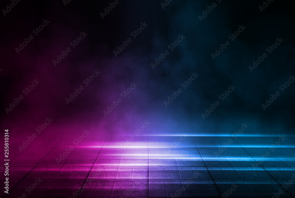Background of empty street at night. Concrete paving slabs, illuminated by the light of multi-colored neon lamps. Fog, smoke Background of empty street at night. Concrete paving slabs, illuminated by the light of multi-colored neon lamps. Fog, smoke