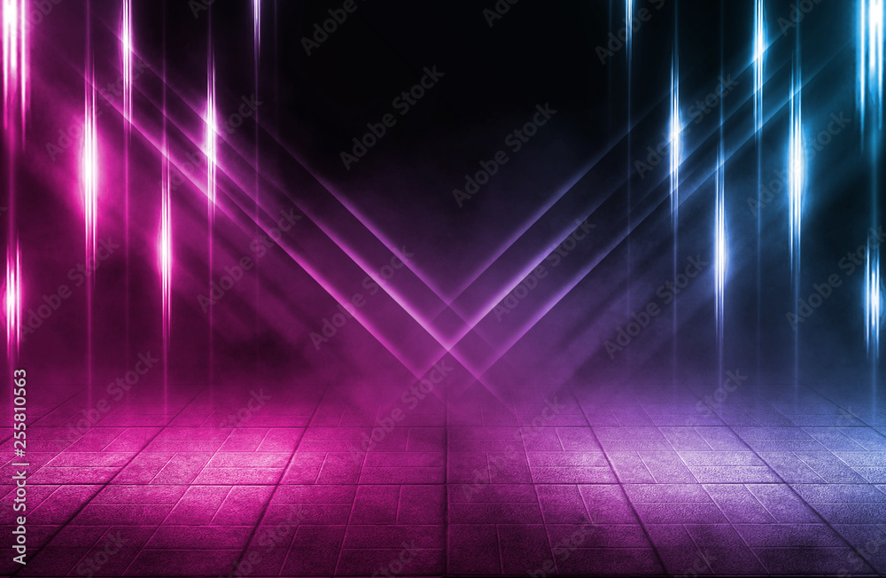 Background of empty street at night. Concrete paving slabs, illuminated by the light of multi-colored neon lamps. Fog, smoke Background of empty street at night. Concrete paving slabs, illuminated by the light of multi-colored neon lamps. Fog, smoke
