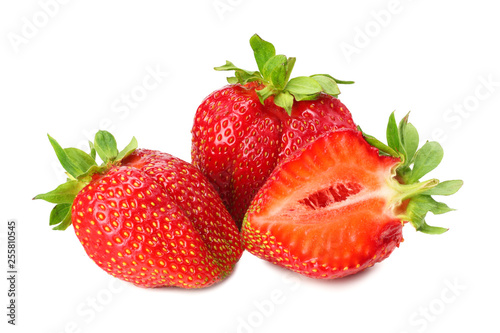 Strawberry with green leaf and slices isolated on white background. Healthy food.
