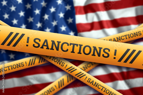 Photography Creative background, inscription in American, USA, flag, sanctions, yellow fencing tape