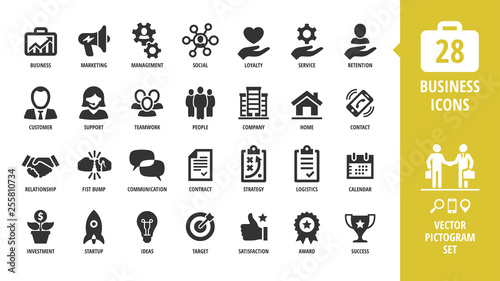 Vector business isolated silhouette icon set with business, marketing, management, social, loyalty, service, retention, handshake, fist bump and more sign.