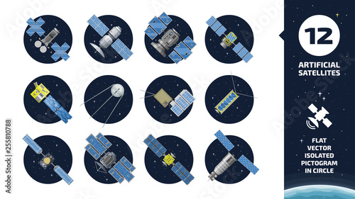 12 vector flat isolated color communication artificial satellite icon in circle space background with GPS tracking radar station, solar panel and dish. photo