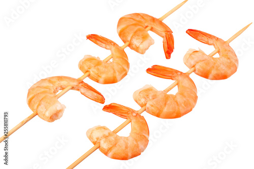 shrimps skewers isolated on a white background. top view