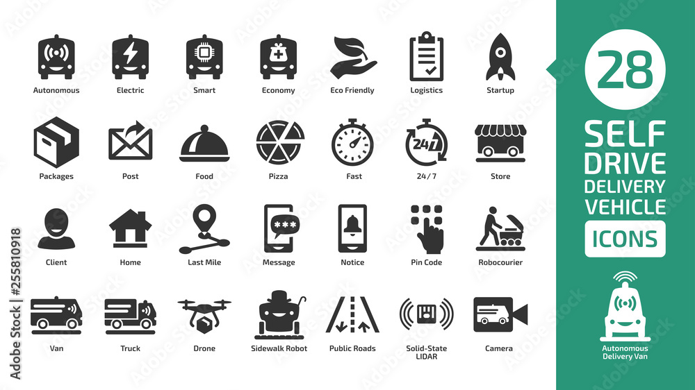 Driverless delivery vehicle shape icon set. Autonomous van car, drone and truck for packages and food transportation.