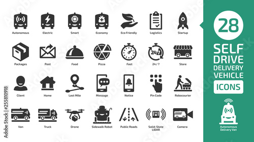 Driverless delivery vehicle shape icon set. Autonomous van car, drone and truck for packages and food transportation.