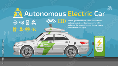 Autonomous self drive electric car vector mockup with charge station, icon and city background.