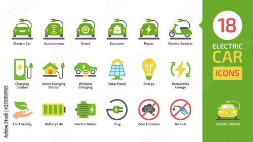 Electric car and scooter color icon set with charger station, battery power and plug. Eco friendly vehicle colorful pictogram collection.