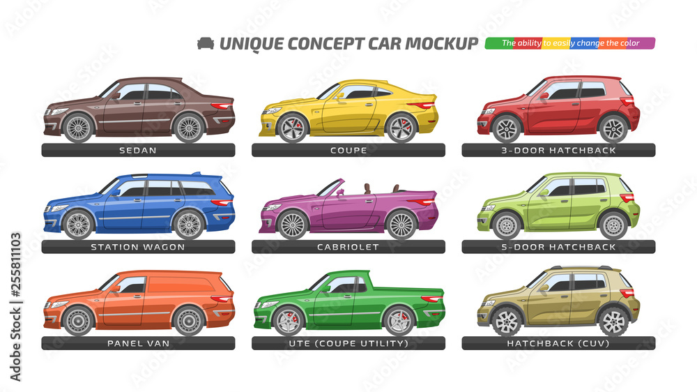 Color vehicle type mockup with unique design modern sedan, station wagon, hatchback, coupe and convertible car template.
