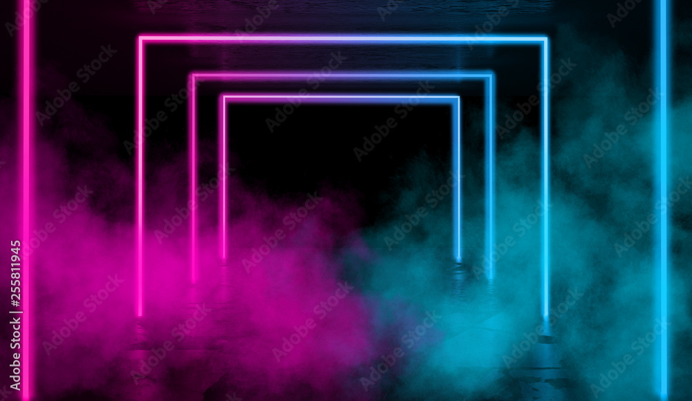 Fototapeta premium Background of empty room with concrete pavement. Spotlight light, multicolored neon light, reflection on tile. Laser lines, figures, smoke, smog