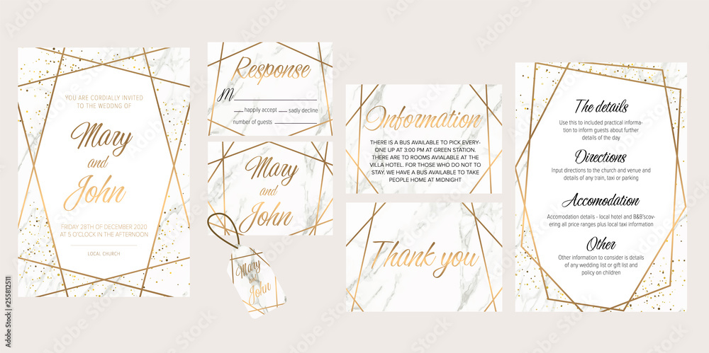 Wedding invite, details, rsvp, thank you label save the date card. Luxury Set of elegant brochure,wedding card, background, cover. White and golden marble texture.Geometric frame.Trendy wedding card.