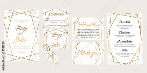 Wedding invite, details, rsvp, thank you label save the date card. Luxury Set of elegant brochure,wedding card, background, cover. White and golden marble texture.Geometric frame.Trendy wedding card. photo