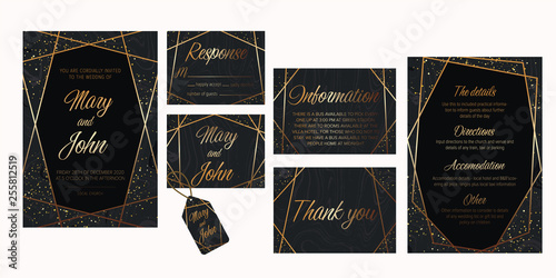 Wedding invite, details, rsvp, thank you label save the date card. Luxury Set of elegant brochure,wedding card, background, cover. Black and golden marble texture.Geometric frame.Trendy wedding  card.