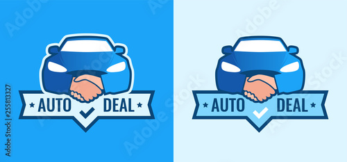 Auto Deal - Logo for car Dealership. Front view of Car with Handshakes - Creative Emblem. Set of blue vector Symbols on blue and white background.