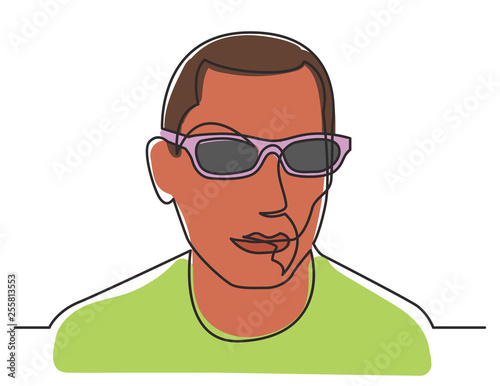 continuous line drawing of man in sunglasses on white background