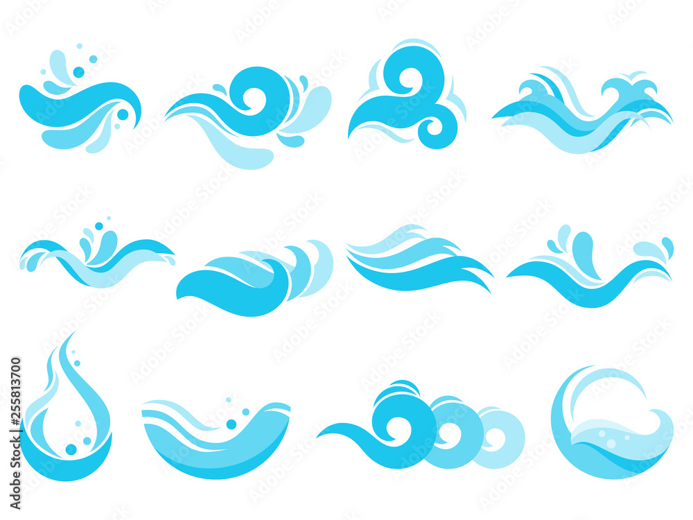 Sea water splash. Spa pool waves, ocean surf tide and waters swirls isolated vector icons illustration set Sea water splash. Spa pool waves, ocean surf tide and waters swirls isolated vector icons illustration set