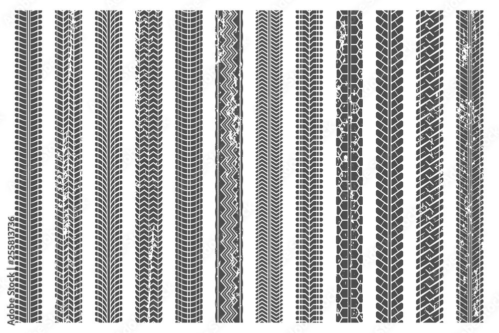 Tires tread tracks. Dirty tire track, grunge texture treads pattern and truck car trace vector illustration set