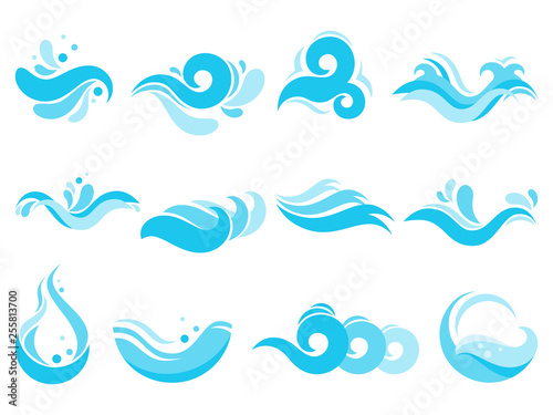 Sea water splash. Spa pool waves, ocean surf tide and waters swirls isolated vector icons illustration set