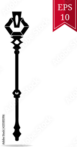 Silhouette Staff Icon isolated on white background. Magic Wand Weapon. Legendary Grade Mage Wand. Vector Illustration for Design, Game, Card, Web.
