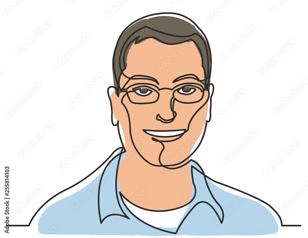 continuous line drawing of smiling man in glasses on white background continuous line drawing of smiling man in glasses on white background